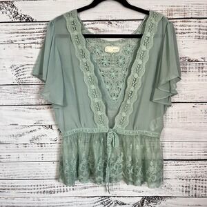 A'Reve Short Sleeve Lace Peplum Top Cover Size L Sheer Mint Green Boho Coquet